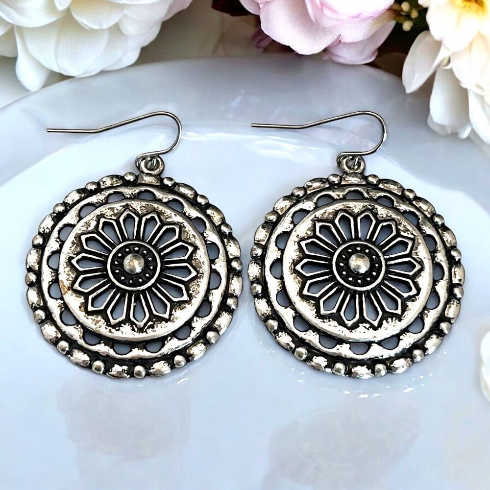 New Antique Silver Tone Earrings Floral Medallion Boho Drop - 12N